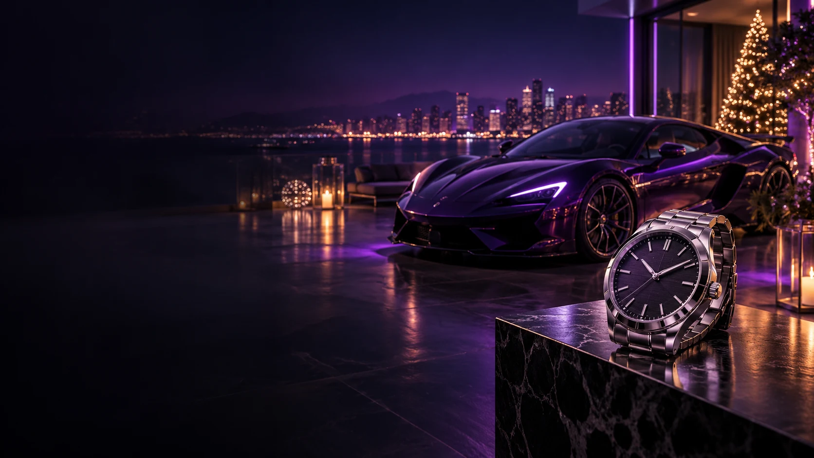 Symbolische Luxuswelt mit Uhr, Sportwagen und violetten Weihnachtslichtern